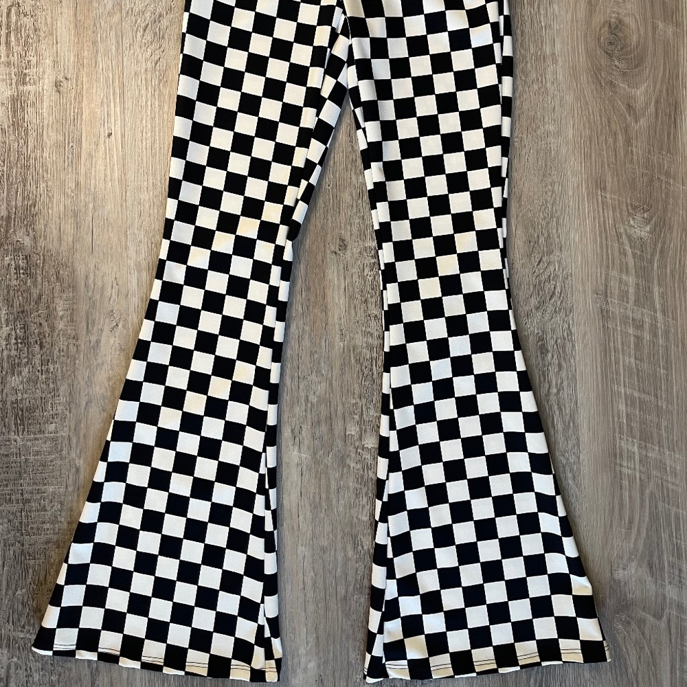 Black and white checkered bell bottoms